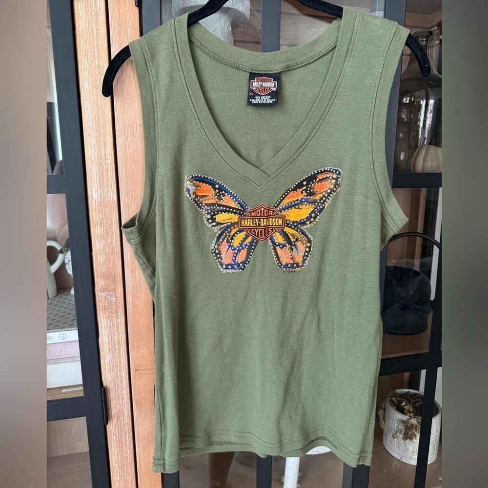 Vintage 2004 Harley Davidson Y2K butterfly baby tank top vneck olive muscle tee